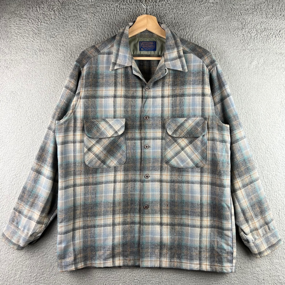 Vintage 60s Pendleton Board Shirt S Shadow Plaid Wool Loop Collar L